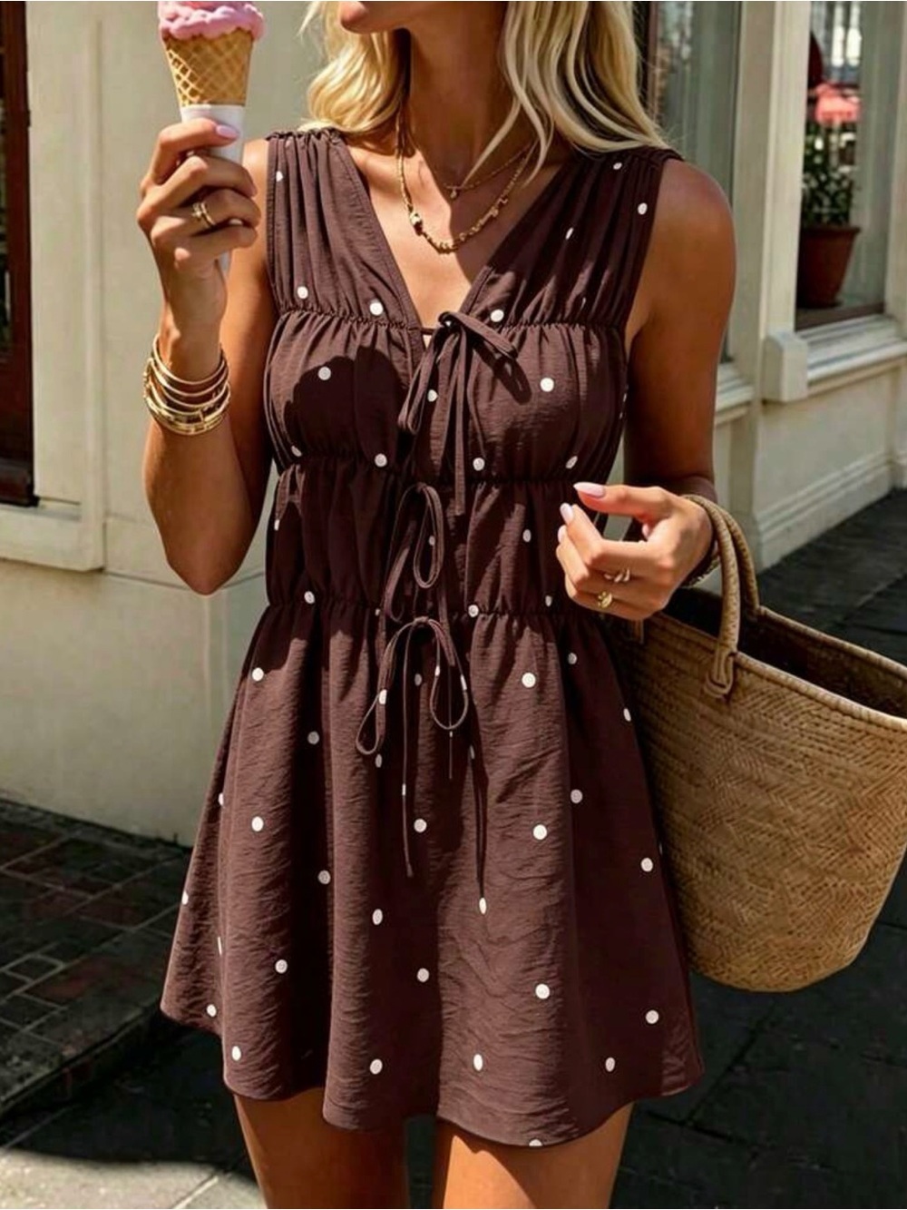 SHEIN Sleeveless Brown Polka Dot Tie-Front Sundress